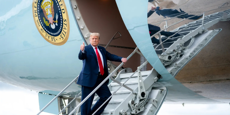 President Donald Trump boards Air Force One during a previous trip. PHOTO: White House