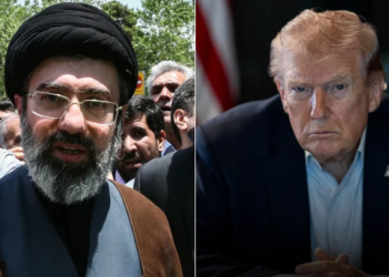 Photo collage of Iran Supreme Leader Mojtaba Khamenei and President Donald Trump. Trump Says Iran Not to Blame for Minnesota Cyberattack