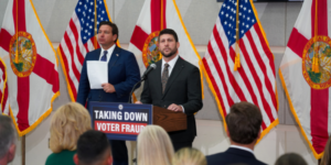 Florida Attorney General James Uthmeier speaks alongside Gov. Ron DeSantis during a news conference in Tallahassee, Fla. PHOTO: Florida Attorney General’s Office