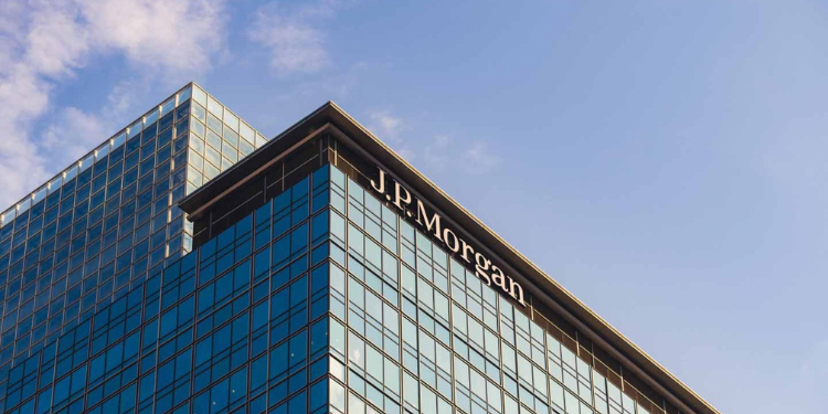 The J.P. Morgan logo is displayed on a building. PHOTO: J.P. Morgan